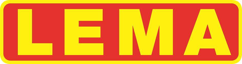 Logo Lema / Lema gelber Schriftzug Lema auf rotem Hintergrund.
